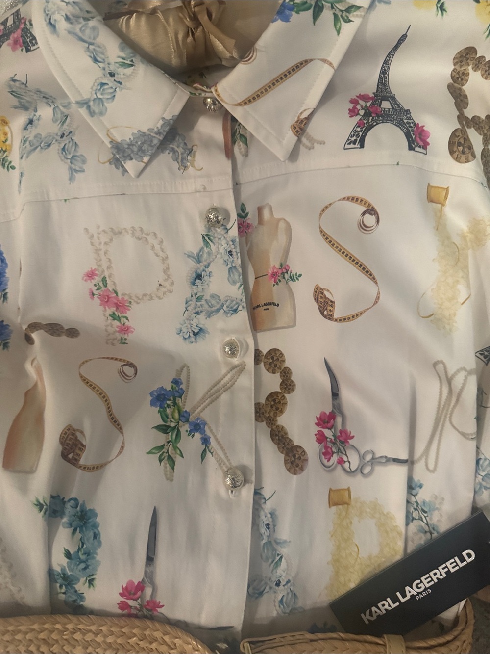 Karl Lagerfeld Cream Floral & Travel Motif Shirt Dress with Raffia Belt - Picture 4 of 12